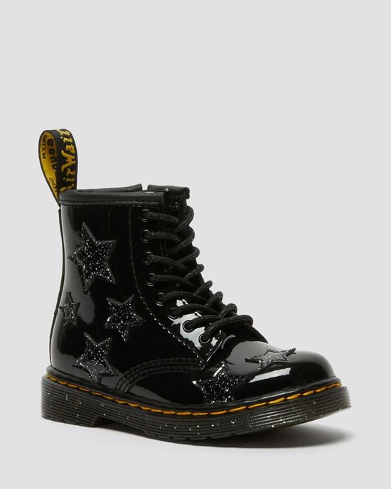 Ghete cu Siret Copii Dr Martens Toddler 1460 Glitter Star Lacuita Negrii | TVBZI6571